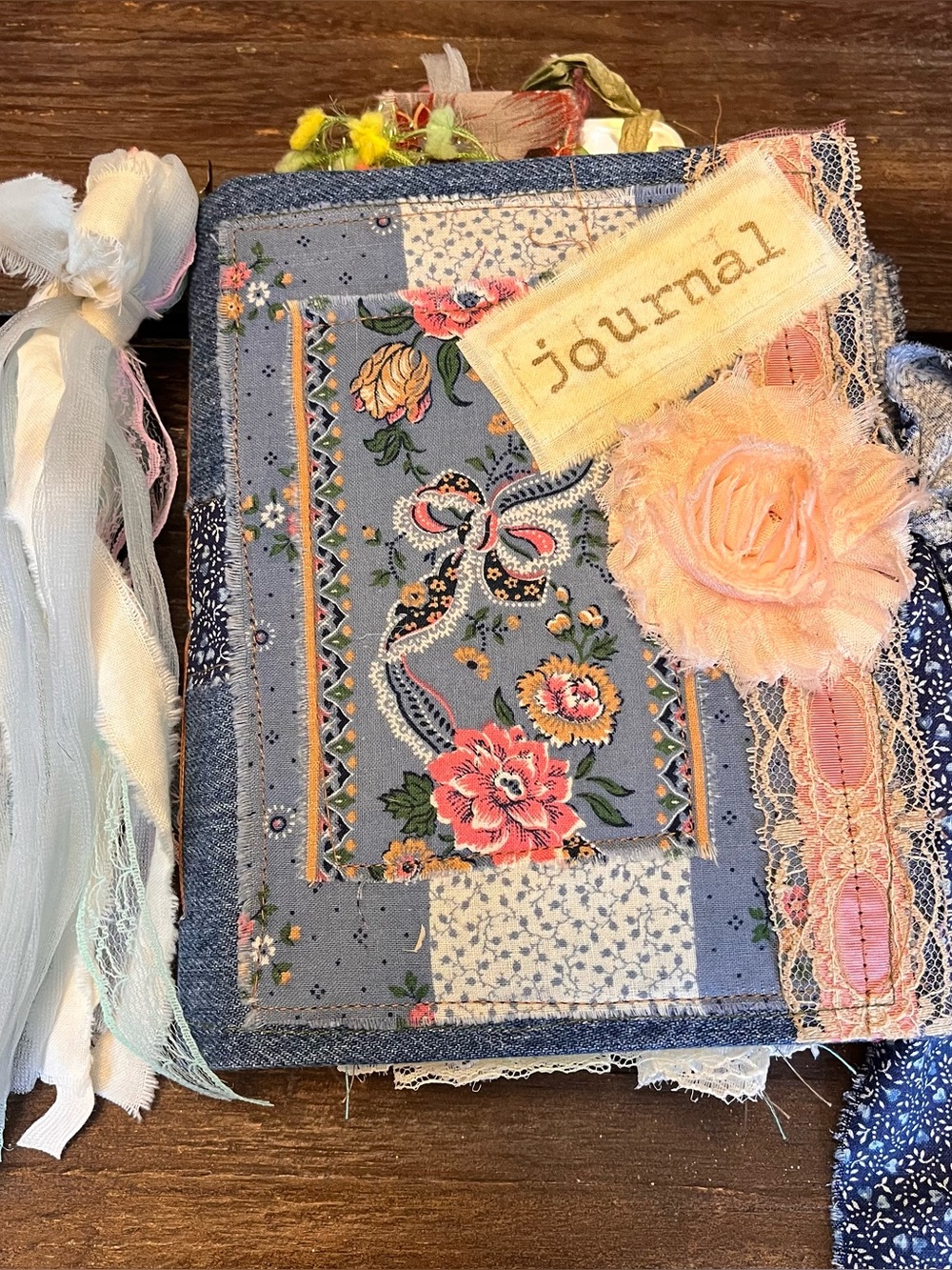Boho Cottage Core Denim Vintage Fabric Junk Journal Closure Softcover 3 Sig